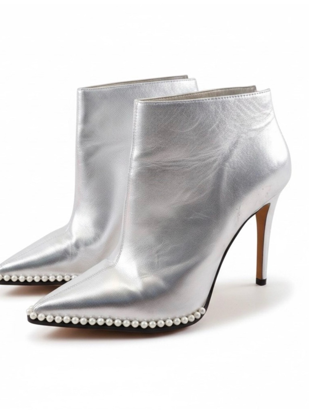 Karl Lagerfeld Silver Pointed Toe Pearl-Trim Stiletto Ankle Boots Size 9